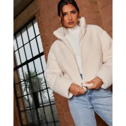Chi Chi London Short Padded Borg Coat in Cream