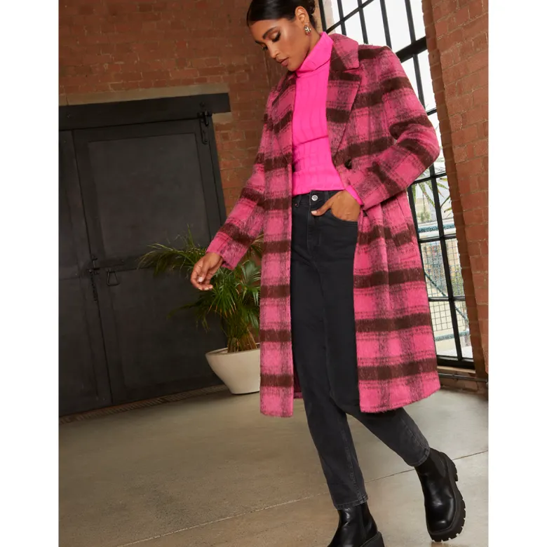Chi Chi London Single Breasted Check Coat in Pink