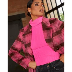 Chi Chi London Single Breasted Check Coat in Pink