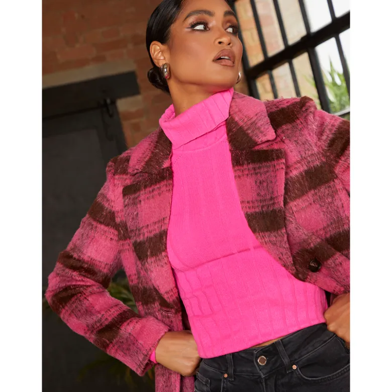 Chi Chi London Single Breasted Check Coat in Pink