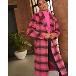 Chi Chi London Single Breasted Check Coat in Pink