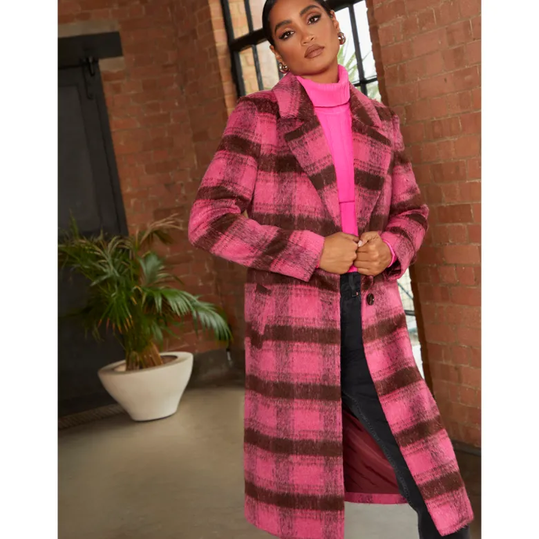 Chi Chi London Single Breasted Check Coat in Pink