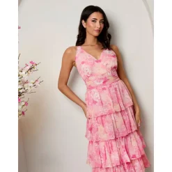 Chi Chi London Sleeveless Floral Print Midi Dress in Pink