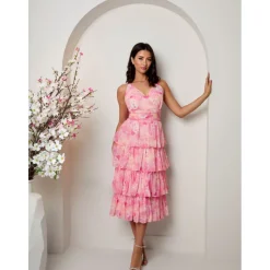 Chi Chi London Sleeveless Floral Print Midi Dress in Pink