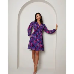 Chi Chi London V Neck Floral Printed Chiffon Dress in Purple