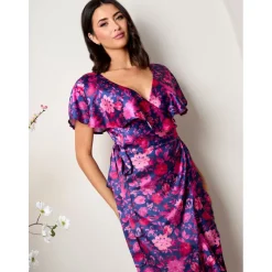 Chi Chi London V Neck Floral Wrap Midi Dress in Multi