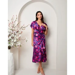 Chi Chi London V Neck Floral Wrap Midi Dress in Multi