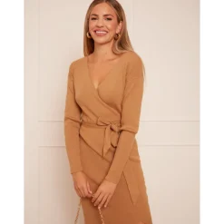 Chi Chi London Wrap Split Side Knitted Midi Dress in Camel
