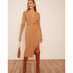 Chi Chi London Wrap Split Side Knitted Midi Dress in Camel