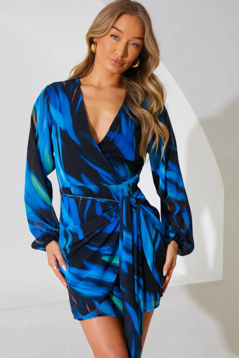 Chiffon Abstract Drape Wrap Mini Dress