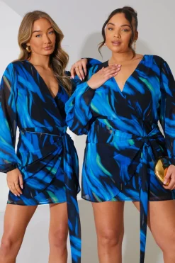 Chiffon Abstract Drape Wrap Mini Dress