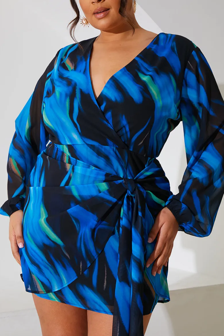 Chiffon Abstract Drape Wrap Mini Dress