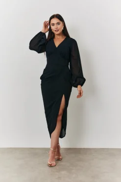 Chiffon Long Sleeve Slit Detail Midi Dress