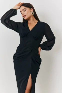 Chiffon Long Sleeve Slit Detail Midi Dress
