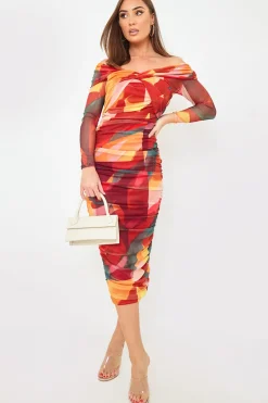 Contrast Mesh Twist Midi Dress
