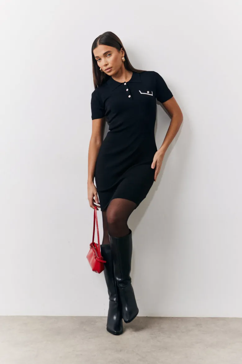 Contrast Piping Pocket Detail Mini Knit Dress