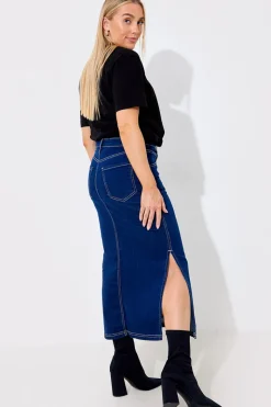 Contrast Stitch Denim Midi Skirt
