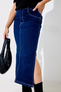 Contrast Stitch Denim Midi Skirt