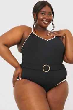 Control Contrast Binding Belted Swimsuit