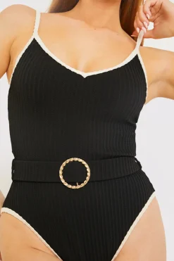 Control Contrast Binding Belted Swimsuit