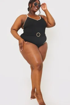 Control Contrast Binding Belted Swimsuit