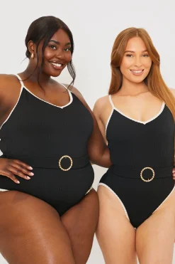 Control Contrast Binding Belted Swimsuit