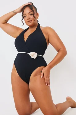 Control Halter Wrap Swimsuit With Removable Corsage Belt