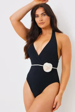 Control Halter Wrap Swimsuit With Removable Corsage Belt