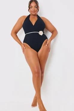 Control Halter Wrap Swimsuit With Removable Corsage Belt