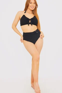 Control Textured Gold Bar Detail High Waisted Bikini Bottom