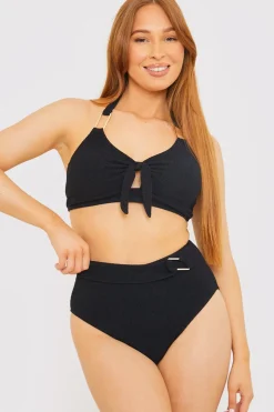 Control Textured Gold Bar Detail High Waisted Bikini Bottom