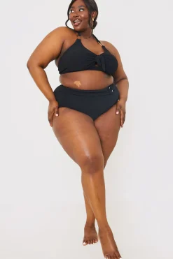 Control Textured Gold Bar Detail High Waisted Bikini Bottom