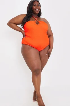 Control Textured Keyhole Front Halter Neck Swimsuit