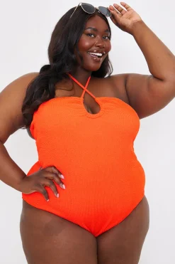 Control Textured Keyhole Front Halter Neck Swimsuit
