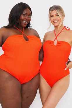 Control Textured Keyhole Front Halter Neck Swimsuit