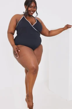Control Whipstitch Trim Wrap Front Swimsuit
