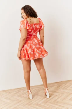 Coral Floral Print Chiffon Flutter Sleeve Mini Dress