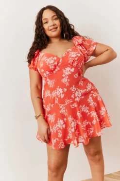 Coral Floral Print Chiffon Flutter Sleeve Mini Dress