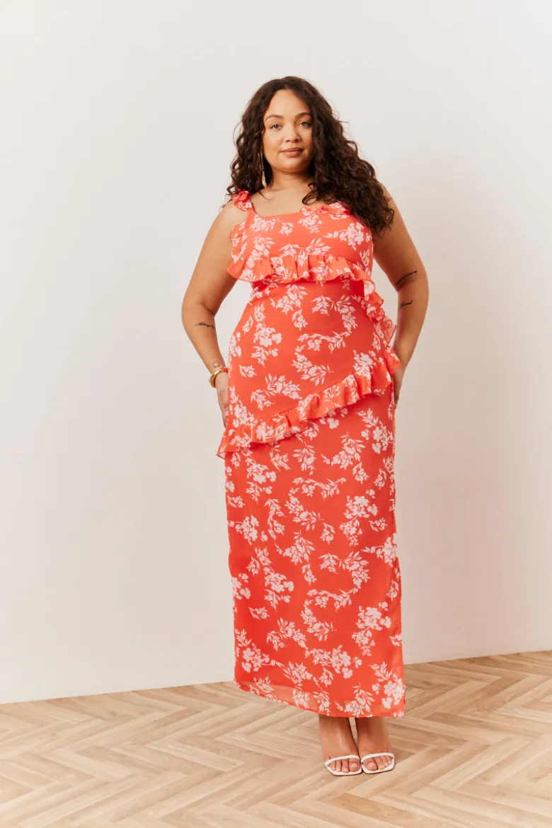 Coral Floral Print Chiffon Frill Detail Maxi Dress