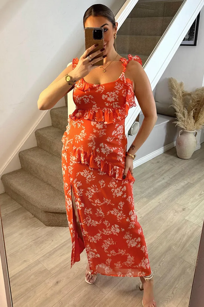 Coral Floral Print Chiffon Frill Detail Maxi Dress