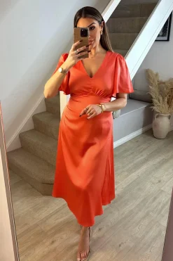 Coral Satin Flutter Sleeve Midaxi Slip Dress