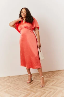 Coral Satin Flutter Sleeve Midaxi Slip Dress