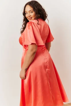Coral Satin Flutter Sleeve Midaxi Slip Dress