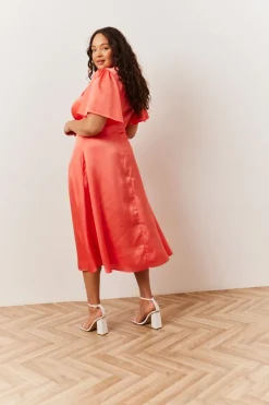 Coral Satin Flutter Sleeve Midaxi Slip Dress
