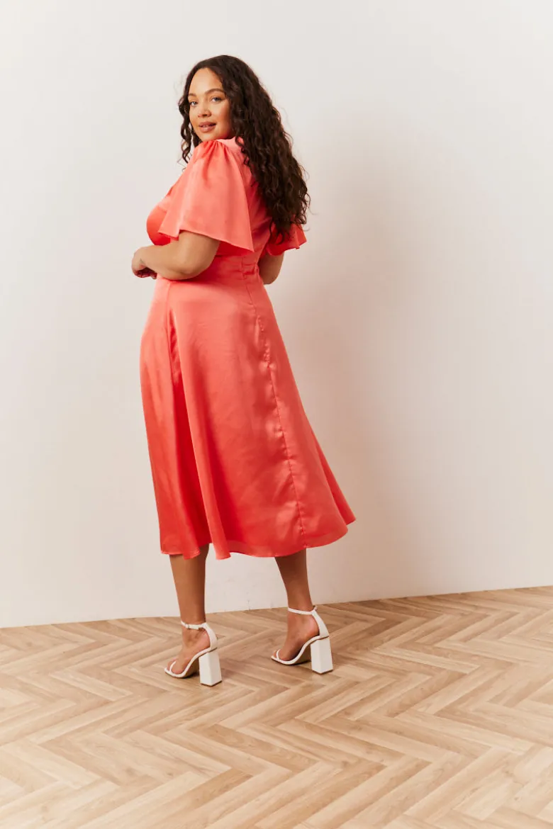 Coral Satin Flutter Sleeve Midaxi Slip Dress