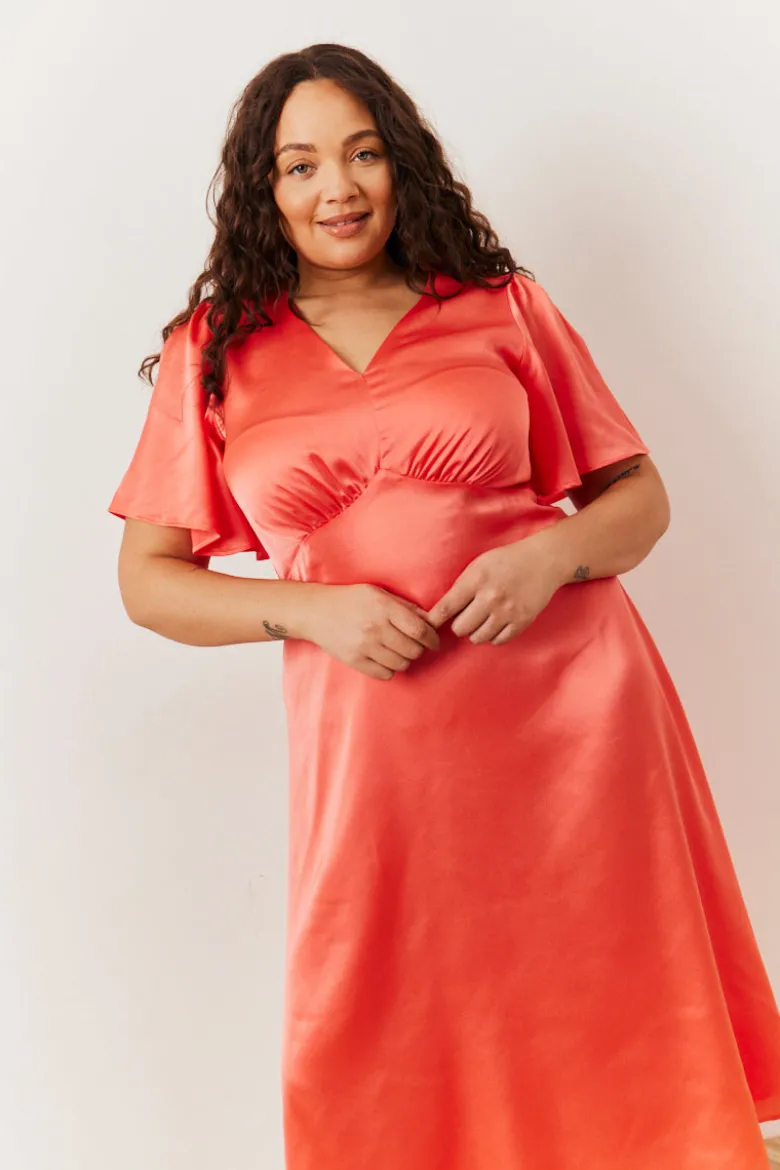 Coral Satin Flutter Sleeve Midaxi Slip Dress