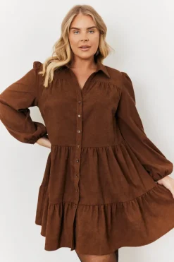 Corduroy Balloon Sleeve Button up Tiered Smock Dress
