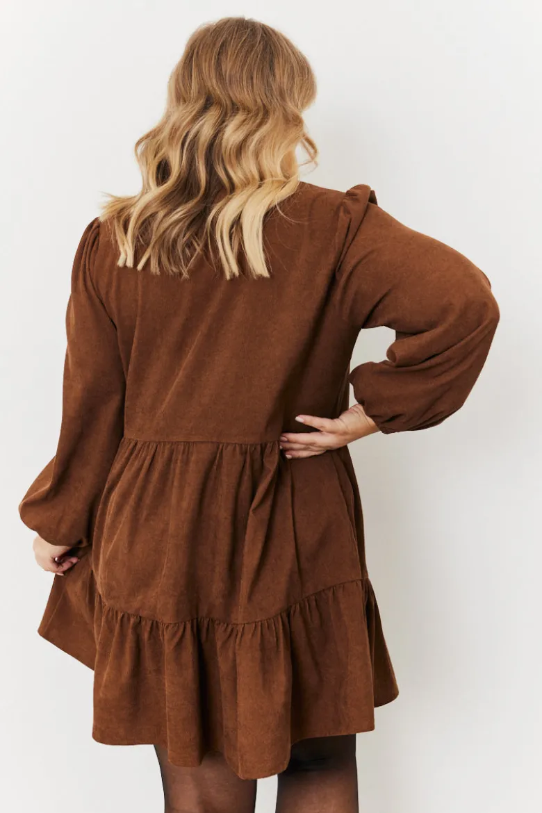 Corduroy Balloon Sleeve Button up Tiered Smock Dress