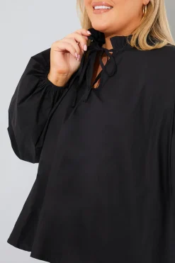 Cotton Puff Sleeve Tie Front Blouse