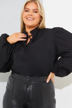 Cotton Puff Sleeve Tie Front Blouse